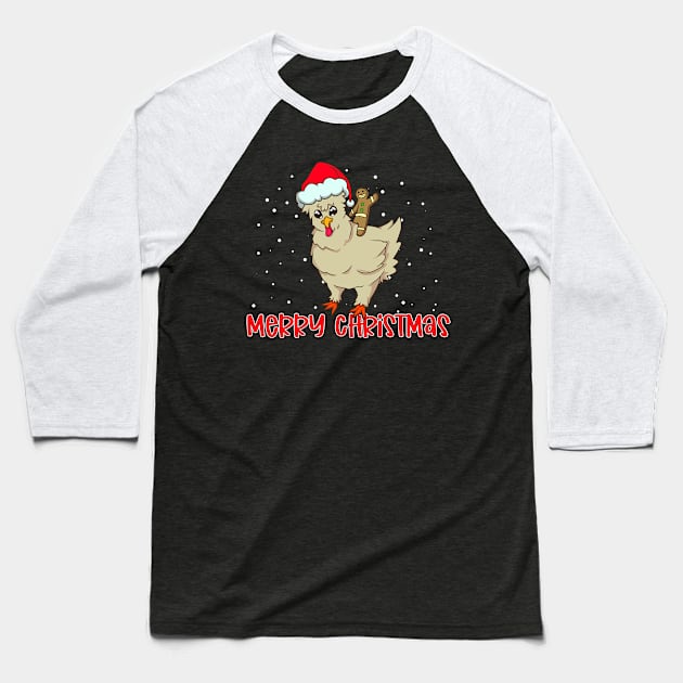 Gingerbread man riding Merry Christmas Chicken Baseball T-Shirt by Modern Medieval Design